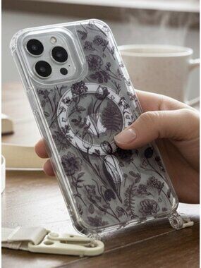 Floral Clear Phone Case With Adjustable Strap For iPhone 15 Pro Max Slim Design